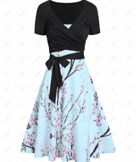 Women Peach Blossom Floral Print A Line Vacation Sundress and Bowknot Surplice T Shirt Two Piece Summer Set L Light blue