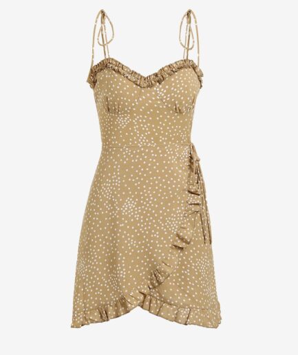 Print ZAFUL Polka Dot Ruffle Tie Shoulder Overlap Dress M Light coffee