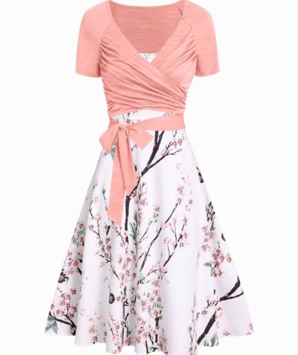 Women Peach Blossom Floral Print A Line Vacation Sundress and Bowknot Surplice T Shirt Two Piece Summer Set S Light pink