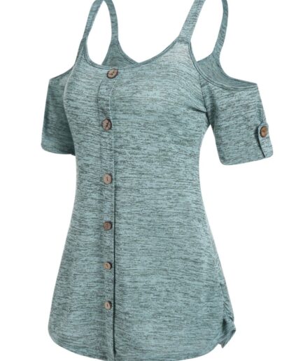 Women Space Dye Print Summer T Shirt Cold Shoulder Short Sleeve Long T-shirt Mock Button Cinched Side Casual Tee Clothing L Deep green
