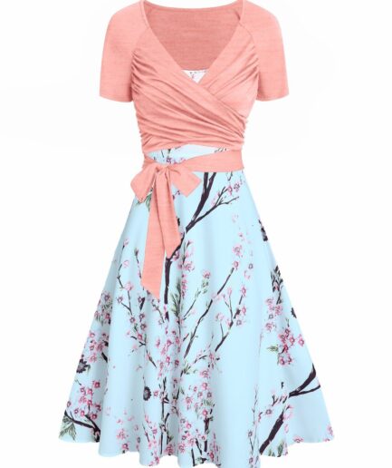 Women Peach Blossom Floral Print A Line Vacation Sundress and Bowknot Surplice T Shirt Two Piece Summer Set S Multicolor d