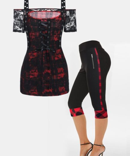Dresslily Plaid Print Rose Lace Panel Cold Shoulder Lace Up T Shirt And High Waist Capri Leggings Summer Outfit S Multicolor
