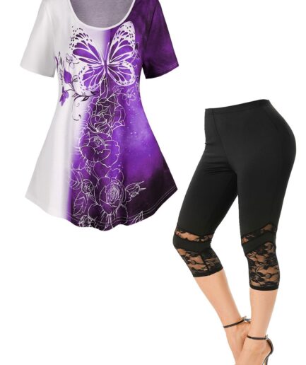 Dresslily Ombre Butterfly Flower Print Colorblock T Shirt And Floral Lace Insert Capri Leggings Summer Outfit S Multicolor