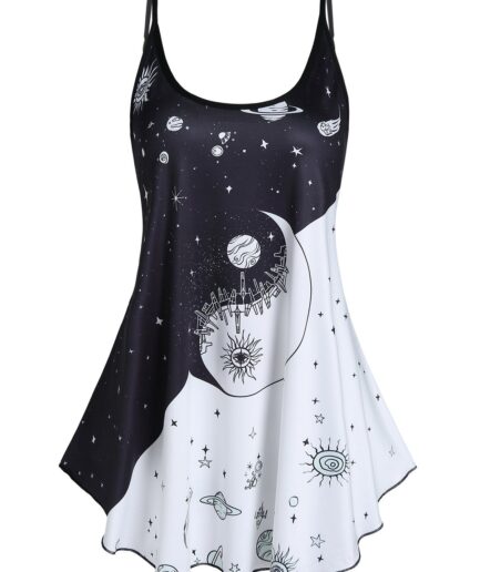 Dresslily Women Vacation Ringer Casual Tank Top Star Moon Galaxy Print Skirted Round Neck Summer Top Clothing L Multicolor