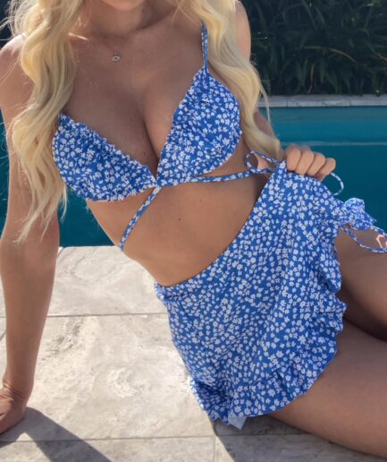 Women Three-Pieces ZAFUL Ditsy Print Ruffle Bowknot Three Piece Bikini Swimwear M Blue