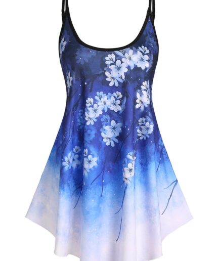 Dresslily Women Flower Print Tank Top Asymmetrical Hem Skirted Cami Top Summer Casual Top Clothing L Deep blue