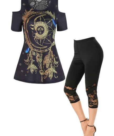 Dresslily Sun Moon Leaf Print Skull Lace Insert Cold Shoulder T Shirt and Rose Laced Capri Leggings Summer Casual Outfit S Multicolor