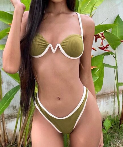 ZAFUL Ribbed Contrast Binding Monowire Bikini Swimwear L Green
