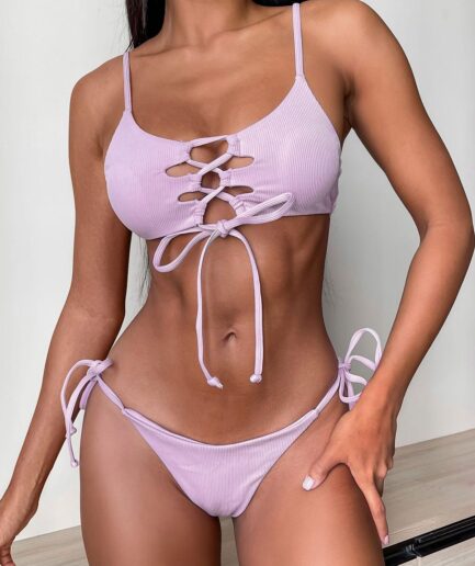 ZAFUL Ribbed Lace Up Tie Side High Cut Bikini Swimwear L Light purple