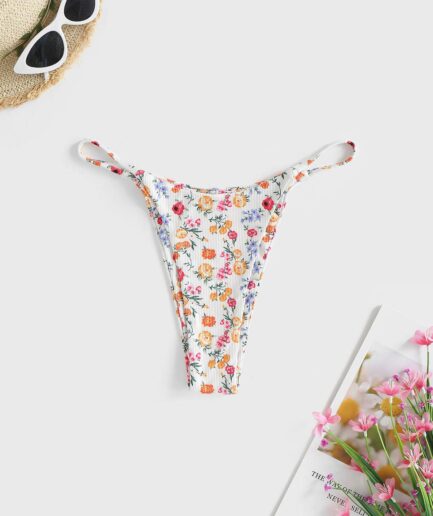 Ribbed Floral Bikini Bottom M White