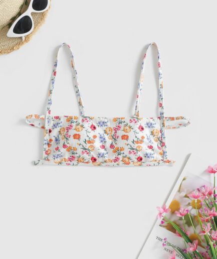 Floral Ribbed Bikini Top M White