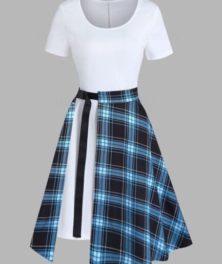 Women Solid Color Short Sleeve Longline T Shirt and Vintage Plaid Print Slit A Line Midi Skirt Two Piece Summer Casual Outfit L White