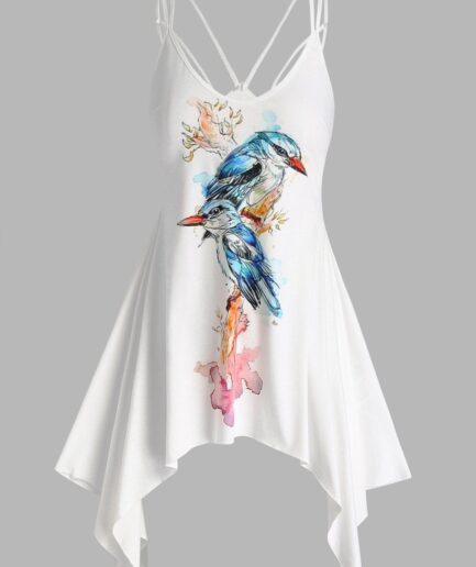 Dresslily Women Dresses Asymmetrical Cami Sundress Parrot  Print Straps Cut Out Handkerchief Summer Mini Dress Clothing Online L Multicolor a