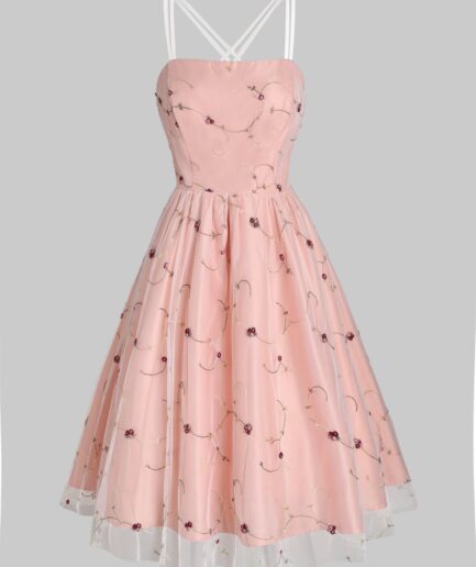 Dresslily Women Cocktail Party Dress Floral Mesh Overlay Mini Dress Crisscross Strappy A Line Sundress Clothing L Light pink