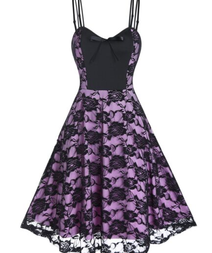 Dresslily Women Casual Sundress Flower Lace Overlay Colorblock Bowknot Dual Strap High Waisted A Line Mini Dress Clothing L Light purple