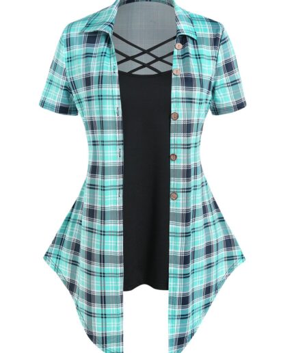 Women Plus Size Faux Twinset T Shirt Plaid Print Crisscross Mock Button Colorblock T Shirt Clothing White