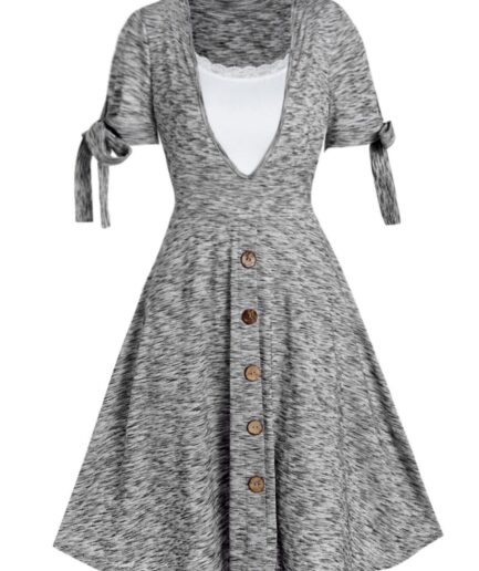 Dresslily Women Space Dye Dress Mock Button Bowknot Lace Panel High Waist Summer A Line Mini Dress Clothing L Light gray