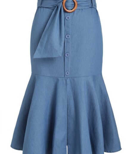 Women Plus Size Skirt Chambray Skirt Mock Button Solid Color Belted Flounce A Line Midi Skirt Clothing Online L Blue
