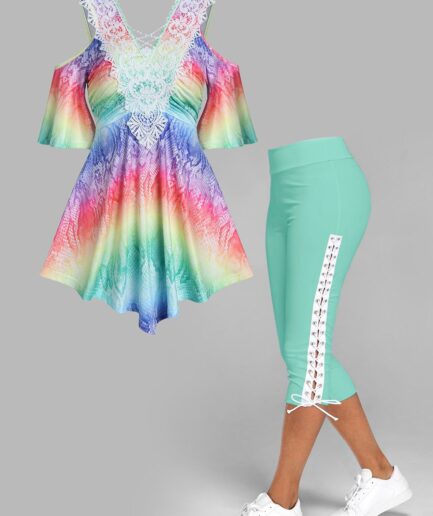 Dresslily Rainbow Print Cold Shoulder Flower Crochet Lace T Shirt And Lace Up Crop Leggings Casual Outfit S Multicolor