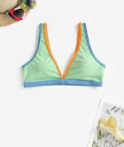 Ribbed Plunging Bikini Top L Green
