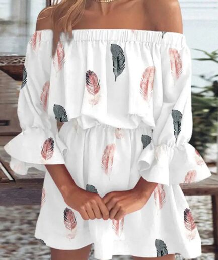 Women Off the Shoulder Dress Feather Print Dress Flare Sleeve High Waisted A Line Mini Dress Clothing M White