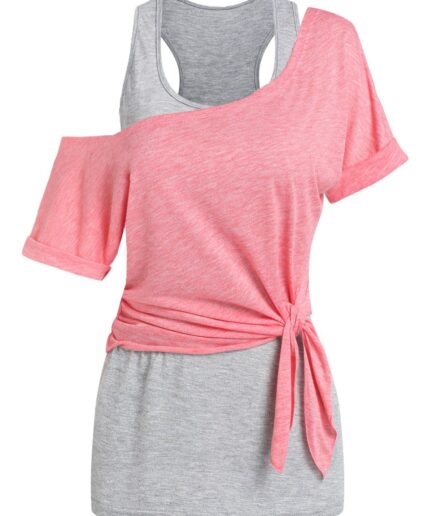 Women Skew Collar Knot T-shirt and Racerback Tank Top Set Clothing L Light pink
