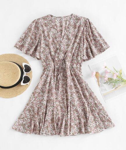 Mini Dress Tie Waist Flutter Sleeve Floral Surplice Mini Dress L Light pink