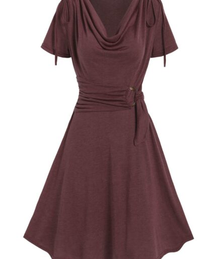Dresslily Women Draped Cowl Front Mini Dress Ruched O Ring Knotted Short Sleeve A Line Dress Cinched Shoulder Grecian Style Vintage Dress Clothing M D