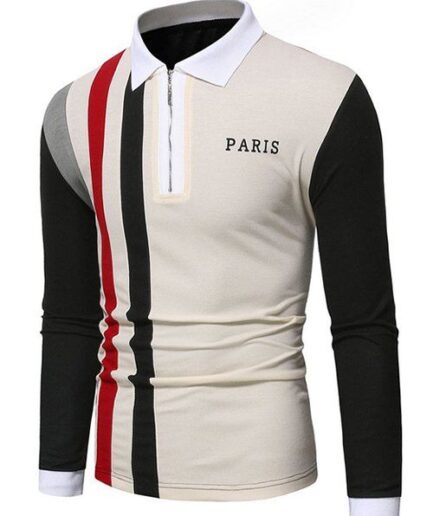 Men Shirt Colorblock Striped Print T Shirt PARIS Letter Print Long Sleeve T-shirt Turndown Collar A Quarter Zip Tee Clothing Online S Light khaki