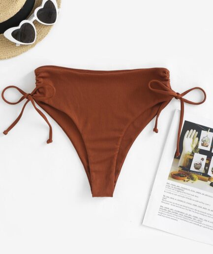 Ribbed Cinched Side Bikini Bottom L Coffee