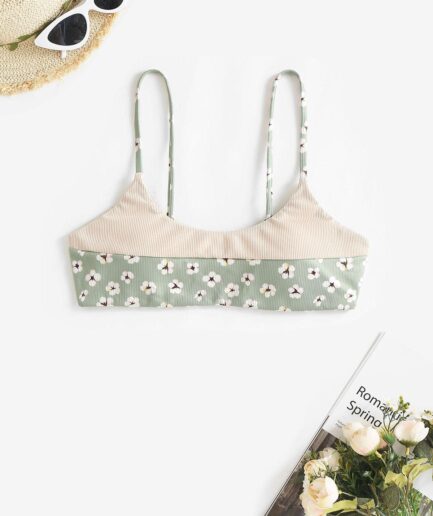 Ribbed Floral Bikini Top L Light green