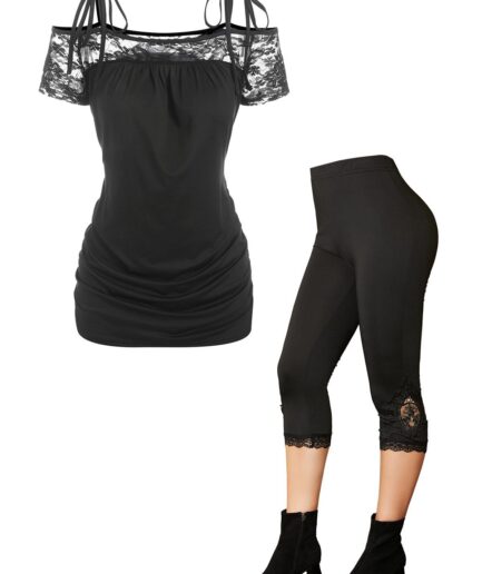 Dresslily Floral Lace Panel Cold Shoulder Tied T Shirt And Embroidery Applique Lace Capri Leggings Gothic Outfit S Black