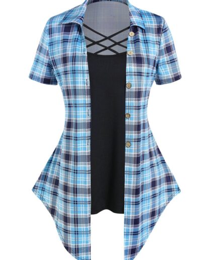 Women Plus Size Faux Twinset T Shirt Plaid Print Crisscross Mock Button Colorblock T Shirt Clothing White