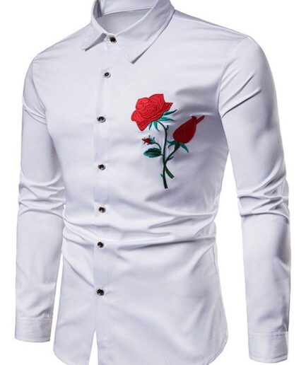 Men Shirt Button Up Shirt Embroidery Rose Pattern Long Sleeve Turn Down Collar Casual Shirt Clothing Online M White