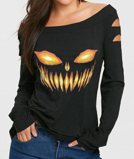 Dresslily Women Halloween Pumpkin Print T Shirt Skew Neck Cut Out Long Sleeve Gothic Tee Clothing L Black