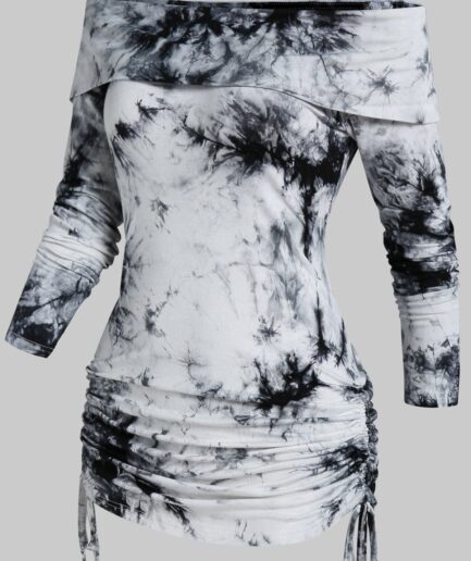 Dresslily Women Tie Dye Print Off The Shoulder T Shirt Foldover Ruched Cinched T-shirt Long Sleeve Tee Clothing L Black