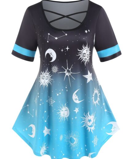 Dresslily Fashion Women Plus Size T Shirt Ombre T Shirt Sun Moon Star Striped Print Crisscross Casual Vintage Tee Clothing L Light green