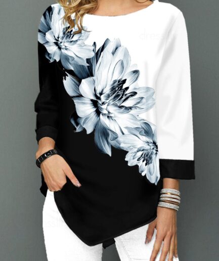 Women Casual T Shirt Colorblock T Shirt Ink Painting Flower Asymmetrical Hem Tee Clothing L Black