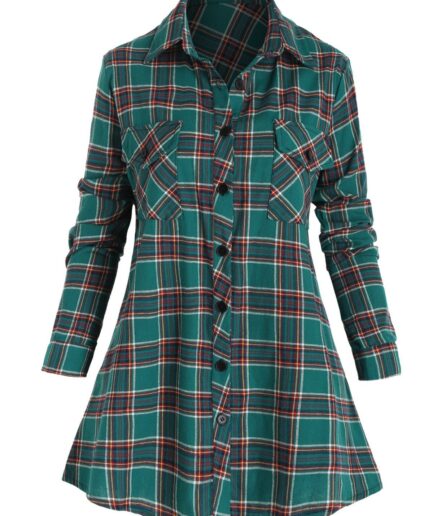 Dresslily Fashion Women Plus Size Shirt Plaid Print Front Pocket Button Up Shirt Long Sleeve Vintage Shirt Clothing L Green
