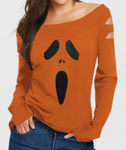 Dresslily Women Halloween Pumpkin Print T Shirt Skew Neck Cut Out Long Sleeve Gothic Tee Clothing L Orange