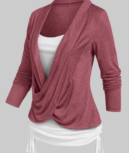 Dresslily Women Crossover Heathered Long Sleeves Ruched Cinched Faux Twinset T-shirt Clothing L Deep red