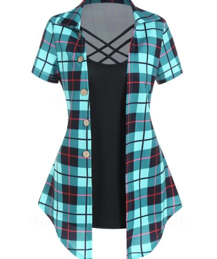 Women Casual Faux Twinset T Shirt Crisscross Plaid Print Mock Button Turn Down Collar Summer Tee Clothing L Light green