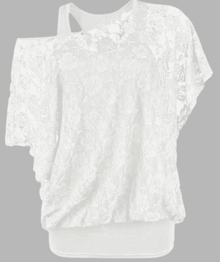Women Solid Color Cami Top And Sheer Rose Lace Bat Sleeve Skew Neck T Shirt Casual Gothic Two Piece Top Clothing S White