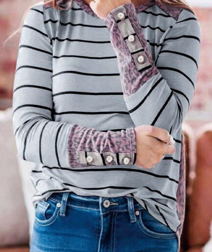 Dresslily Women Colorblock T Shirt Leopard Striped Print T Shirt Round Neck Long Sleeve Tee Clothing L Light gray