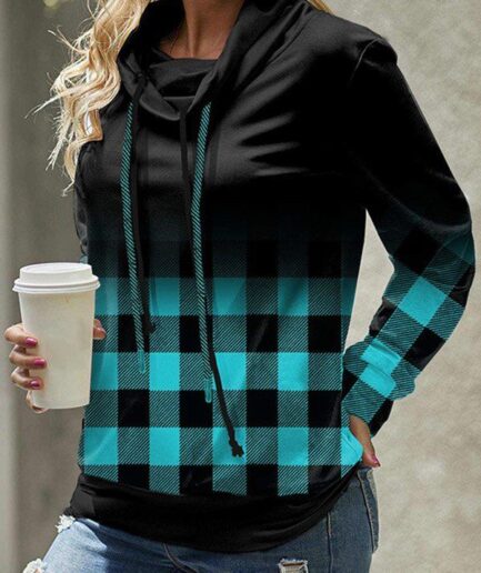 Dresslily Women Plaid Print Insert Sweatshirt Cowl Neck Sweatshirt Long Sleeve Casual Sweatshirt Clothing M Green