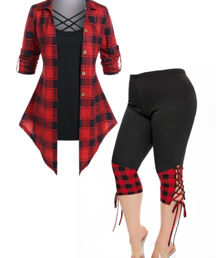 Dresslily Plus Size Plaid Print Crisscross Faux Twinset T Shirt And Lace Up Leggings Casual Outfit L Multicolor
