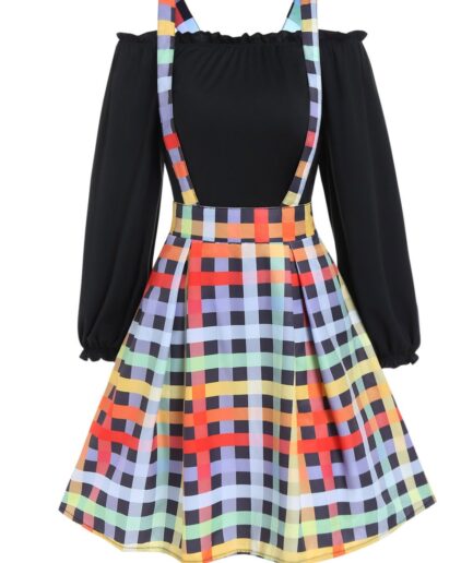 Women Ruffle Off the Shoulder Top And Colored Plaid Print A Line Mini Suspender Skirt Set L Black