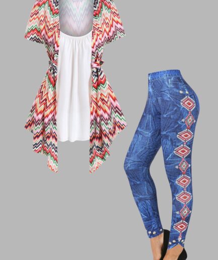 Dresslily Colorful Chevron Print Faux Twinset T Shirt And Tribal Geometric Embroidery Denim 3D Print Jeggings Casual Outfit S Multicolor