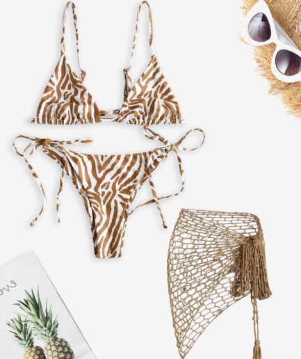 Women Three-Pieces Zebra Bralette String Bikini with Shell Embellished Openwork Crochet Cover Up Skirt Light coffee