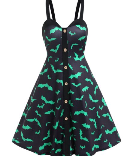 Dresslily Halloween Dress Bat Print Mock Button Sleeveless Gothic Dress A Line Mini Dress M Black